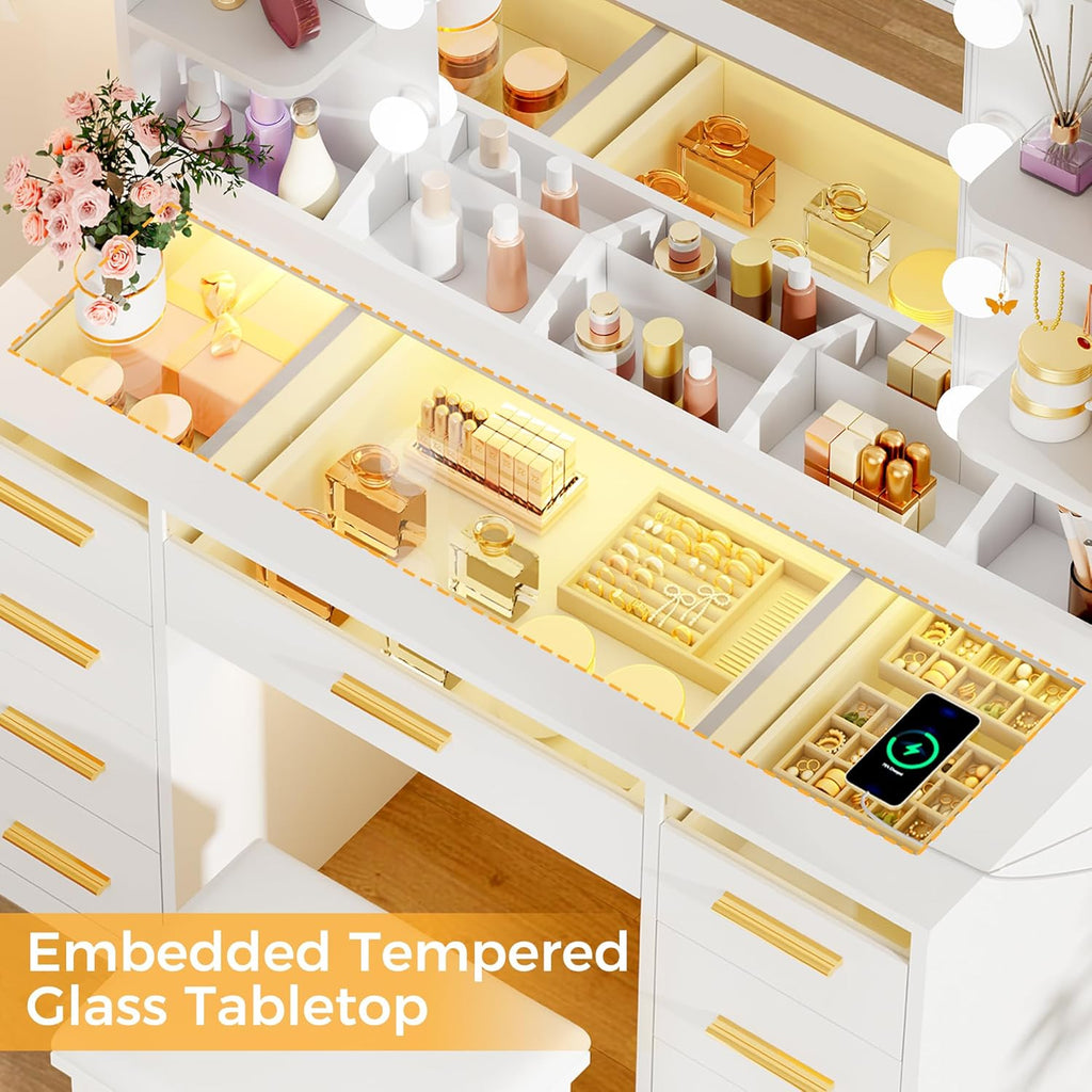 Large Vanity Desk with Mirror and Lights & Transparent Glass Top | 3 Colors Makeup Vanity Table Set with 9 RGB