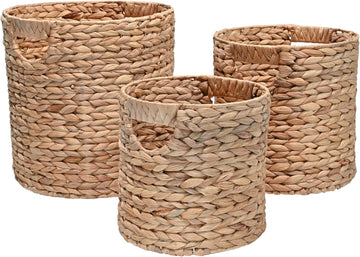 Avery 3-Piece Cylinder Nesting Baskets 13", Natural | Hyacinth, Bohemian Cottage Style, Handwoven Wicker, Iron Metal
