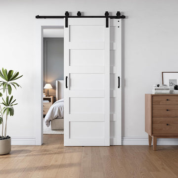 30x84 Inch White Double Barn Door Set - 5-Panel MDF Sliding Doors with 6FT Bypass Barn Door Hardware
