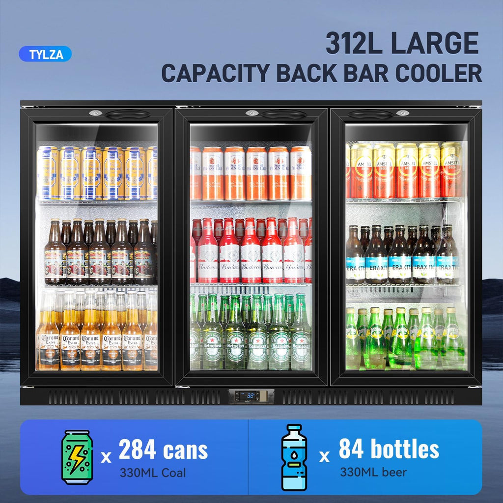 Back Bar Cooler With 3 Glass Doors, 312L Under Counter Back Bar Refrigerator with LED Lighting, Safety Locks
