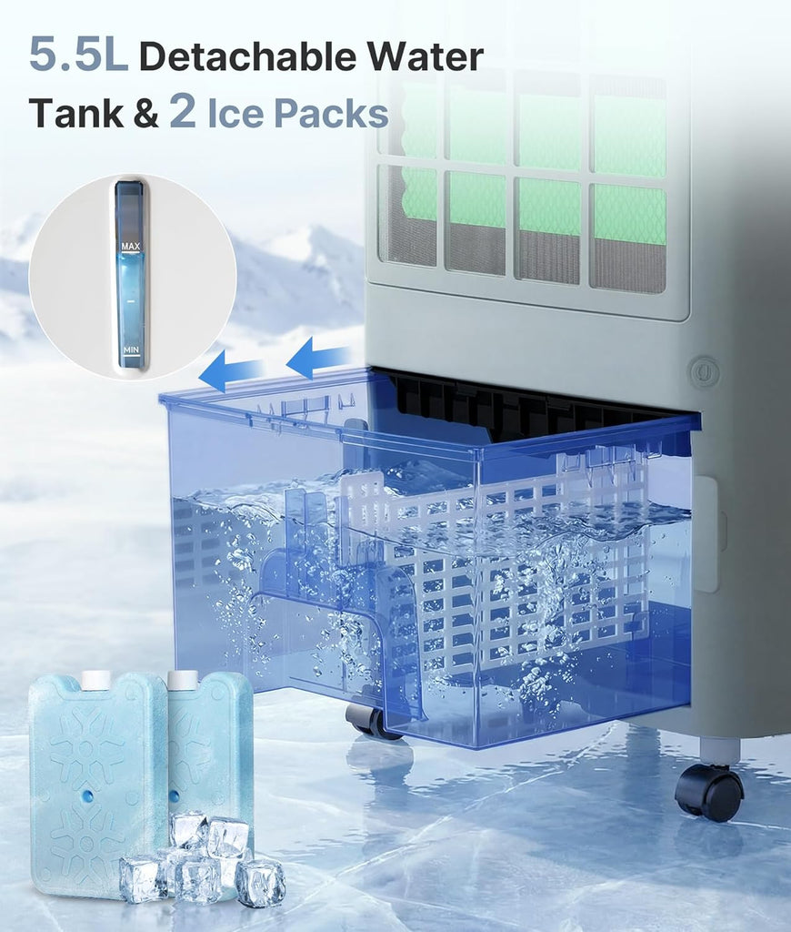 3-in-1 Evaporative Air Cooler - Portable Swamp Cooler Air Conditioner with 5.5L Water Tank & 2 Ice Packs, 3 Speeds