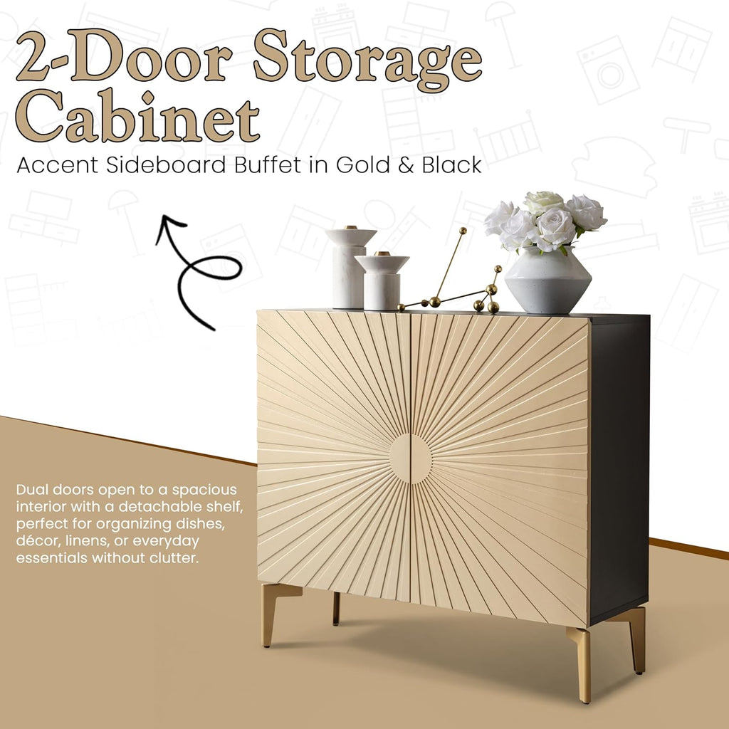 2-Door Storage Cabinet - Accent Sideboard Buffet in Gold & Black, Storage Cabinet for Living Room, Hallway, Kitchen