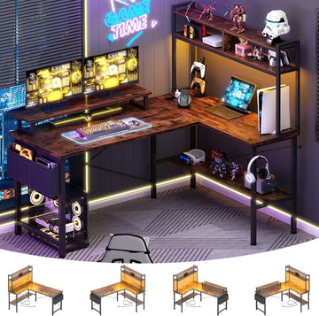 L Shaped Gaming Desk with Power Outlets & LED Lights, Rustic Brown