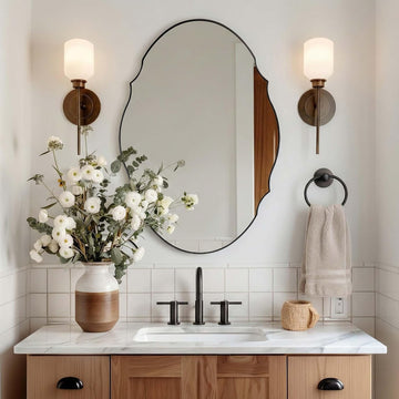 Black Scalloped Mirror, 24x36 Matte Black Scalloped Oval Mirror for Bathroom, Stainless Steel Frame, Modern