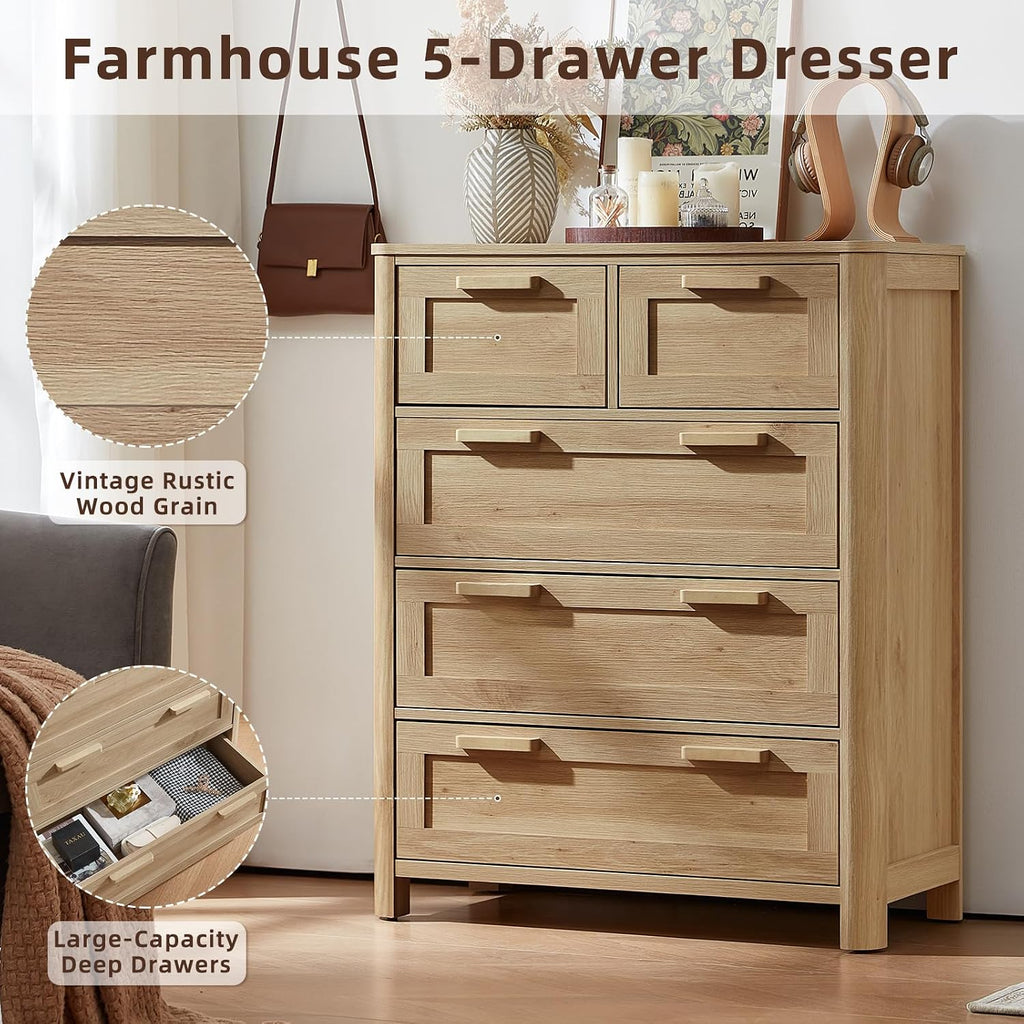 Farmhouse 5 Drawer Dresser , Vertical Dressers Chest of Drawers with 5 Deep Drawers & 4 Thickened Table Legs, Natural