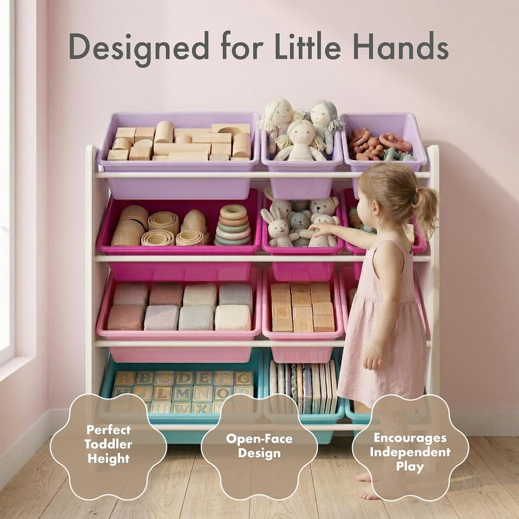 Kids Toy Organizer with 12 Bins, 4 Tier Storage | Sturdy wood and steel toddler shelf, removable BPA-free containers