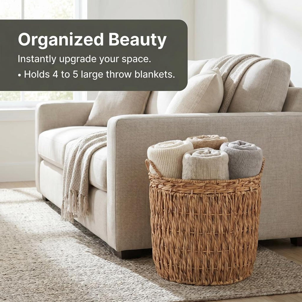 Tall Wicker Floor Basket, Woven Decorative Basket with Handles, Handmade, Great for Laundry and Storage, Natural
