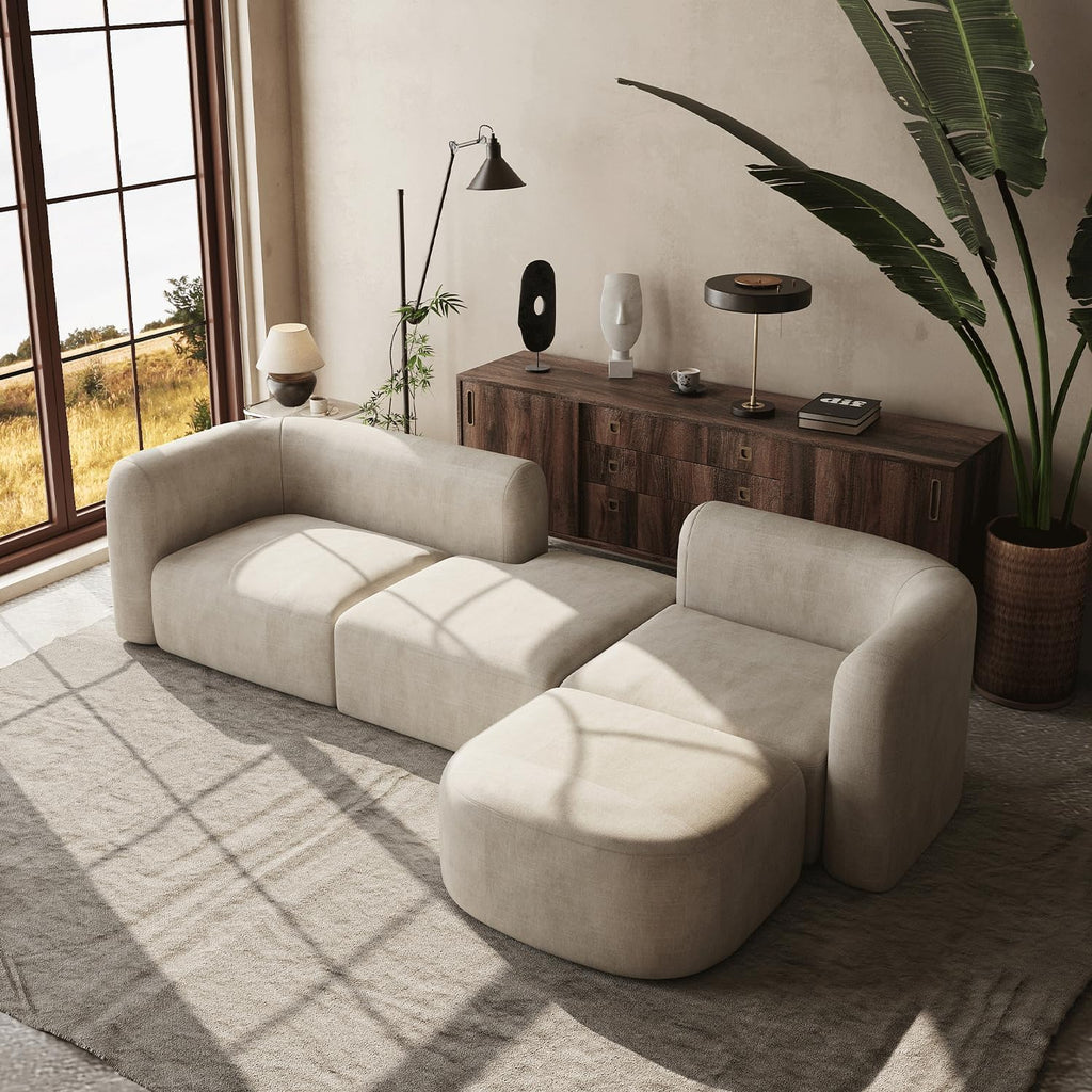 Luxury Modern Tight Curved Back Velvet Sofa, Minimalist Style Comfy Couch Apartment, 4 Seater Modular Sectional, Cream