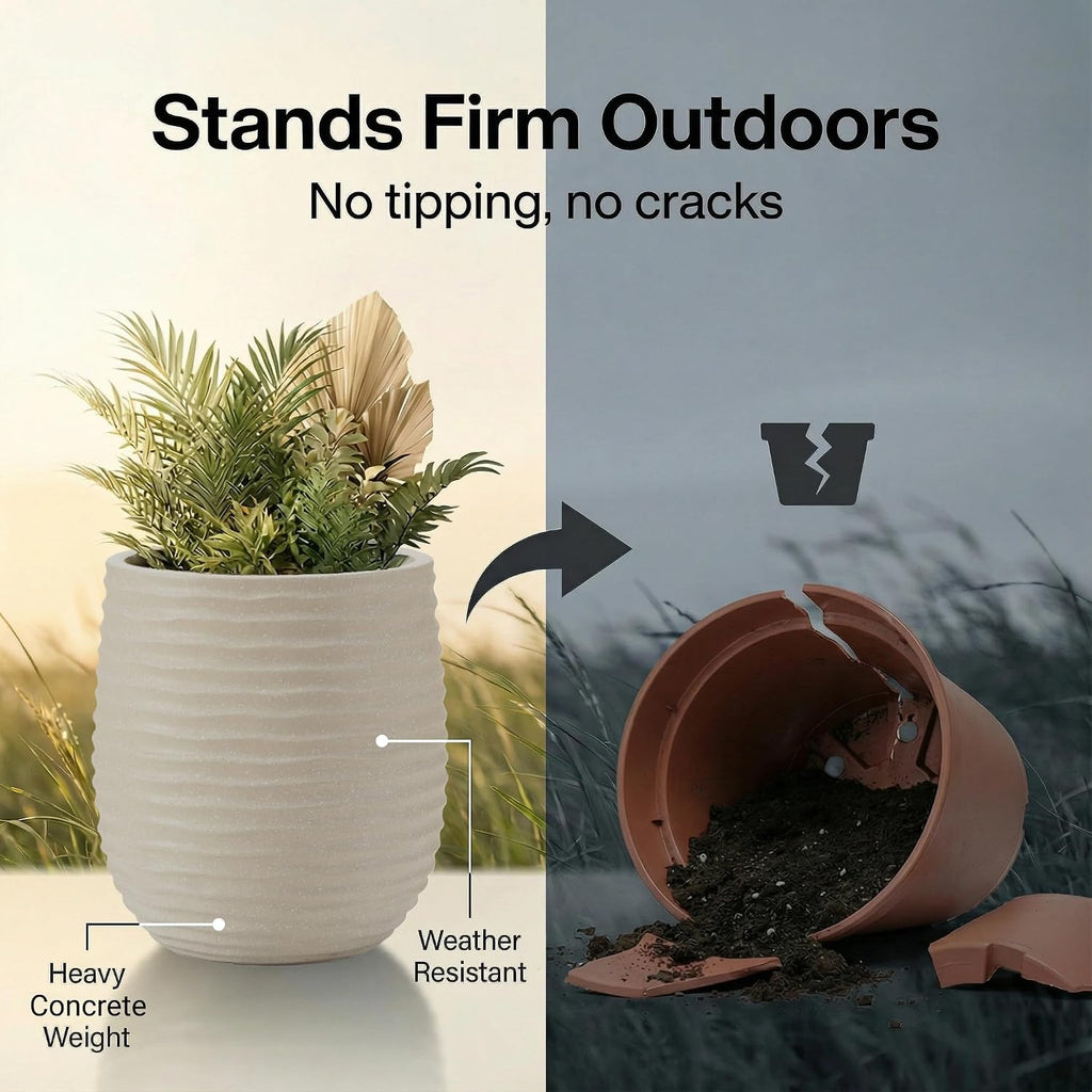 15"+11"+7.9" Dia Concrete Planter Set of 3, Flower Pot with Wavy Texture | Indoor Outdoor Large Planters with