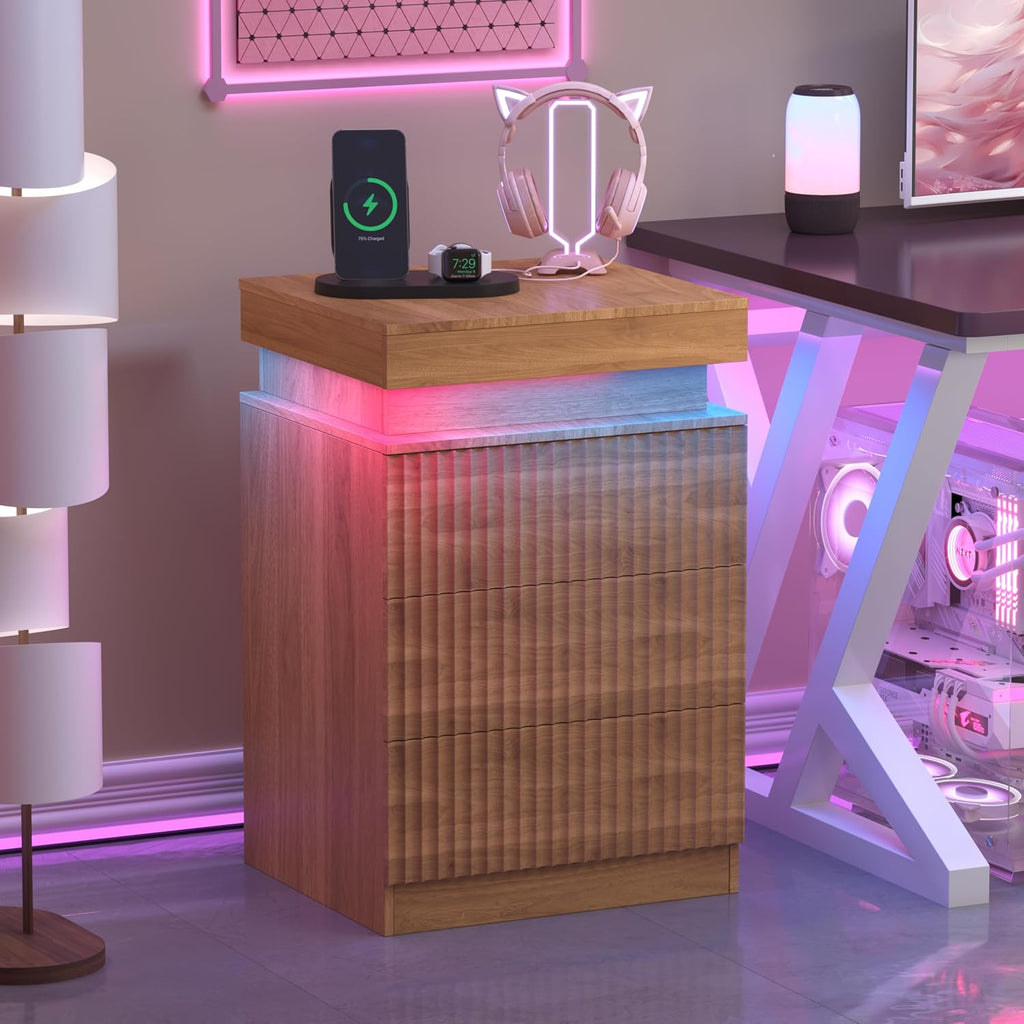 Fluted Nightstand with Charging Station and LED Light, Bedside Table with Sliding Top, USB Ports and AC Outlets, 3