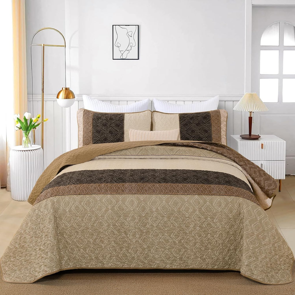Light Brown King Quilt Set,3 Pcs Boho Striped Plaid Bedspread - Set of 3