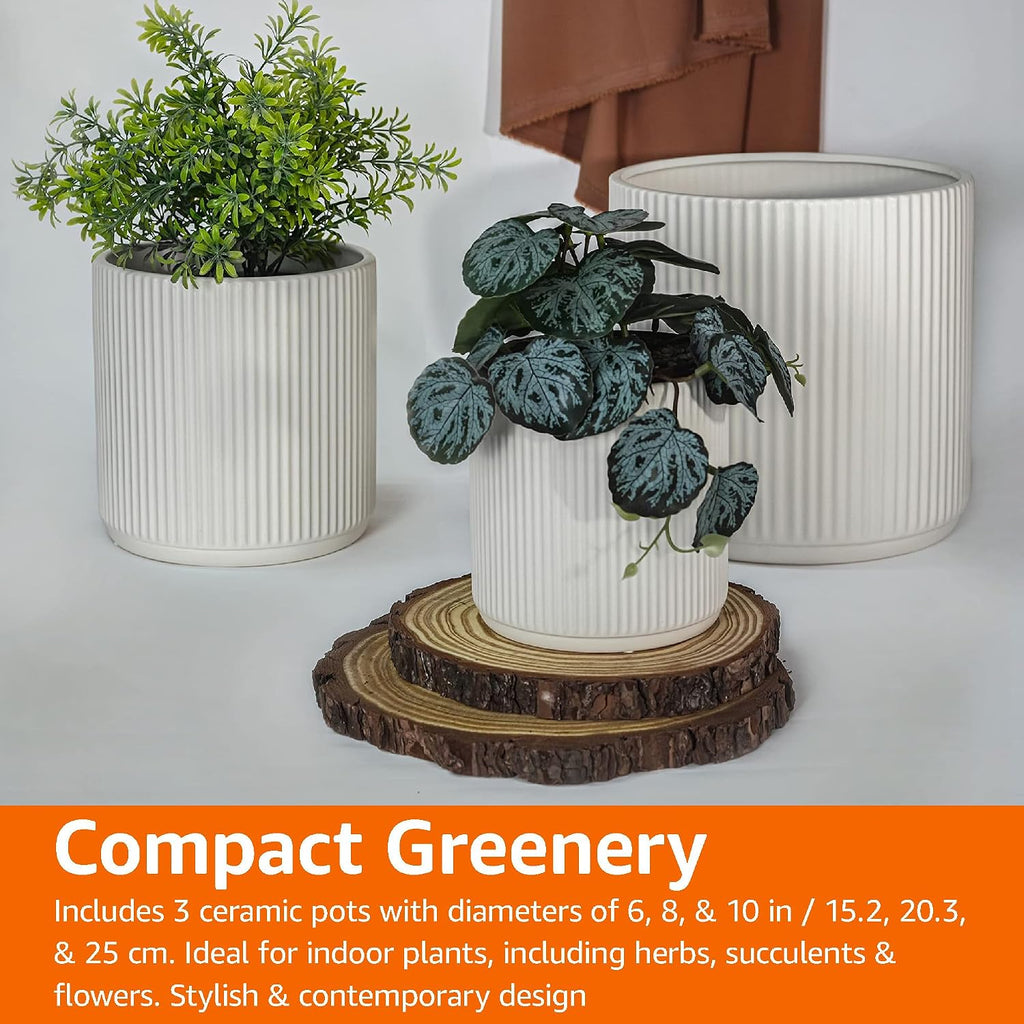 Fluted Ceramic Planters for Indoor Outdoor Plants, Round Flower Pots with Drainage Hole, Set of 3, 6 inch, 8 inch, 10