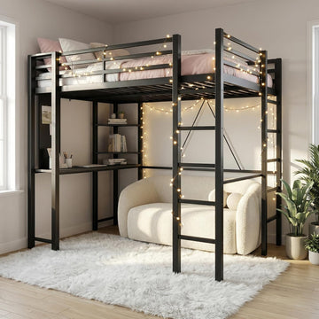 Loft Bed with Desk, Metal Loft Bed Full with 2 Built-in Ladders, Space-Saving Bed Frame, with Safety Guard