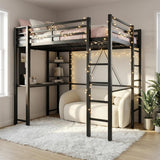 Loft Bed with Desk, Metal Loft Bed Full with 2 Built-in Ladders, Space-Saving Bed Frame, with Safety Guard