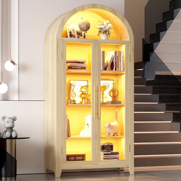71" Arched Kitchen Pantry Storage Cabinet with Glass Doors
