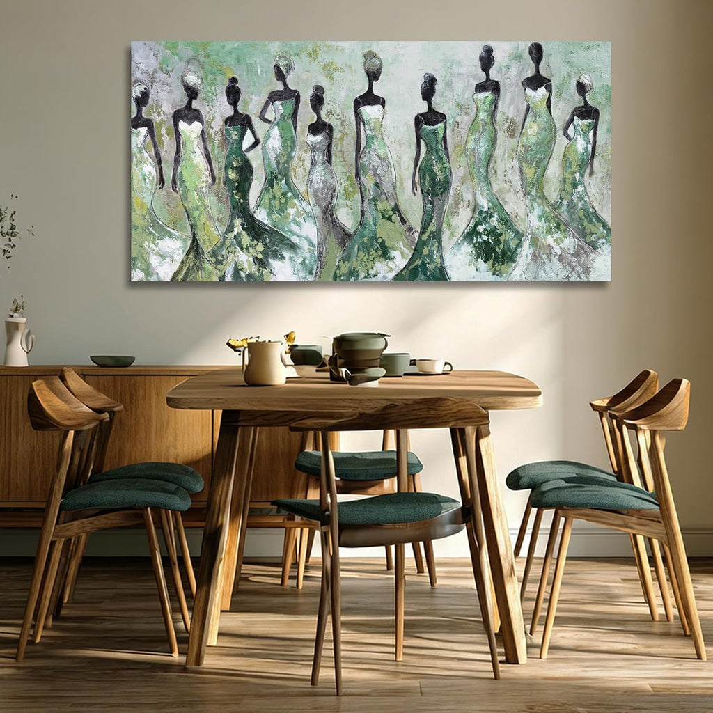 Green Abstract Figure Wall Art, Black Modern Horizontal Canvas Print, Aesthetic Fashion Artwork