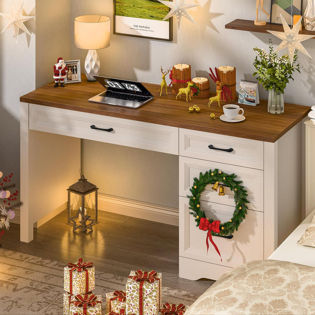 Farmhouse Executive Desk with Storage and Ample File Drawer, Rustic Large Home Writing Desk, White
