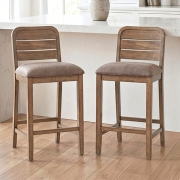 Farmhouse Bar Stools Set of 2, 26" Upholstered Counter Height Stool with Ladder Back, Rustic Wooden Bar Chairs