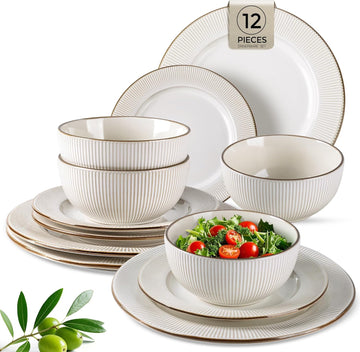 Ceramic Dinnerware Sets,12 pcs Embossed Elegant Stoneware Plates and Bowls Sets