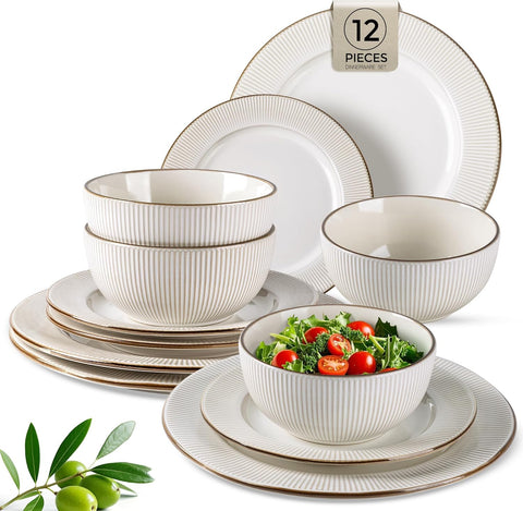 Ceramic Dinnerware Sets,12 pcs Embossed Elegant Stoneware Plates and Bowls Sets