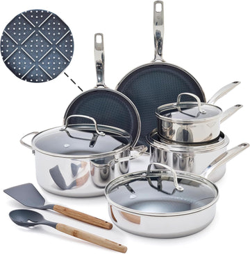 Hybrid 12 Piece Stainless Steel Nonstick Cookware Set | PFAS-Free Ceramic Nonstick Pots & Pans, Diamond Bond