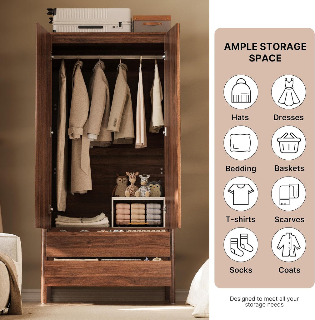 Wardrobe with 2 Doors and 2 Drawers, 70.9"H Modern Walnut Bedroom Armoire Closet with Hidden Handles, Freestanding