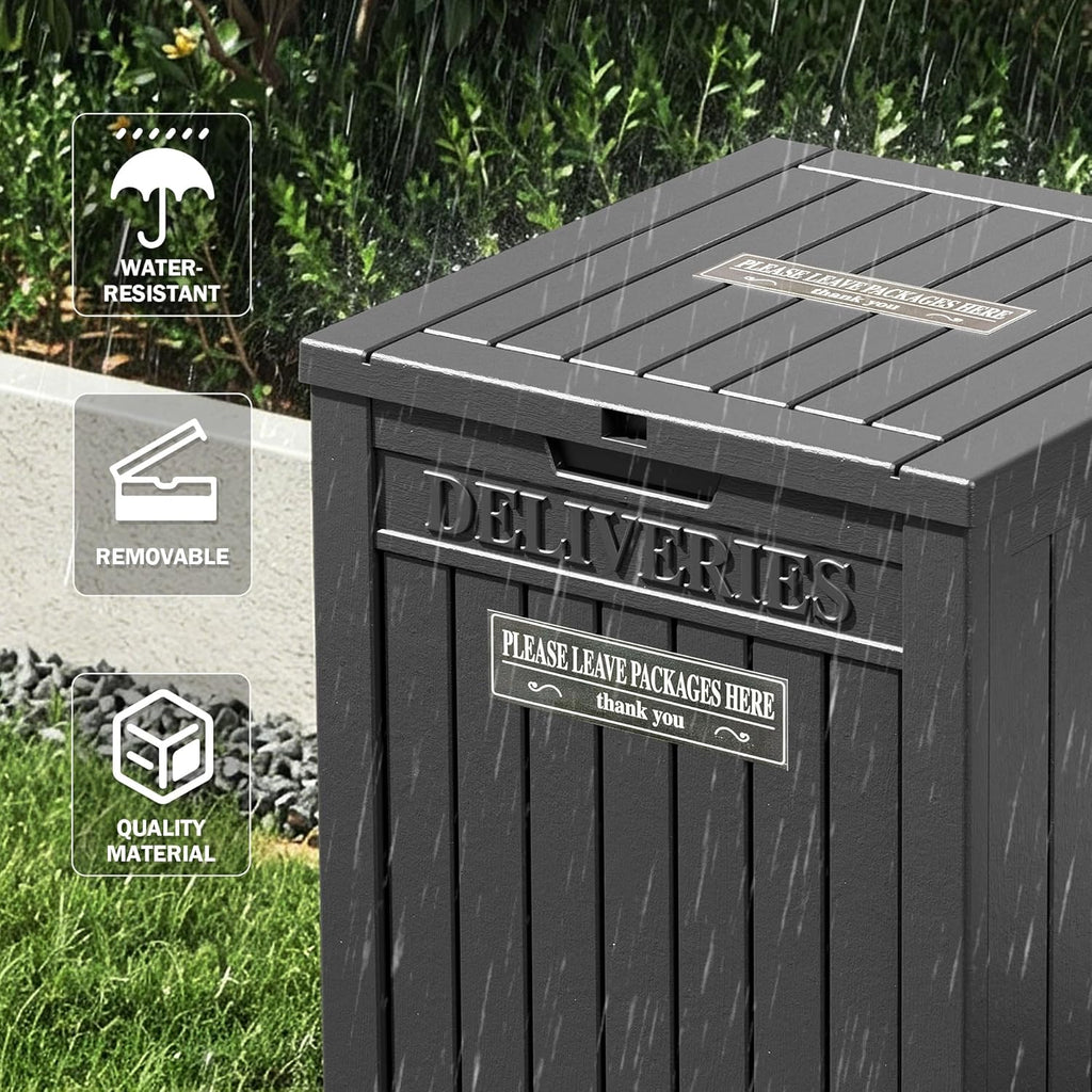 Package Delivery Box With Sign, Lockable Outdoor Storage Box Waterproof Deck Box