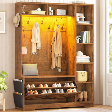 Hall Tree with Bench and Shoe Storage, Farmhouse Entryway Bench with Coat Rack, Shoe Cabinet with Flip Drawers, 7