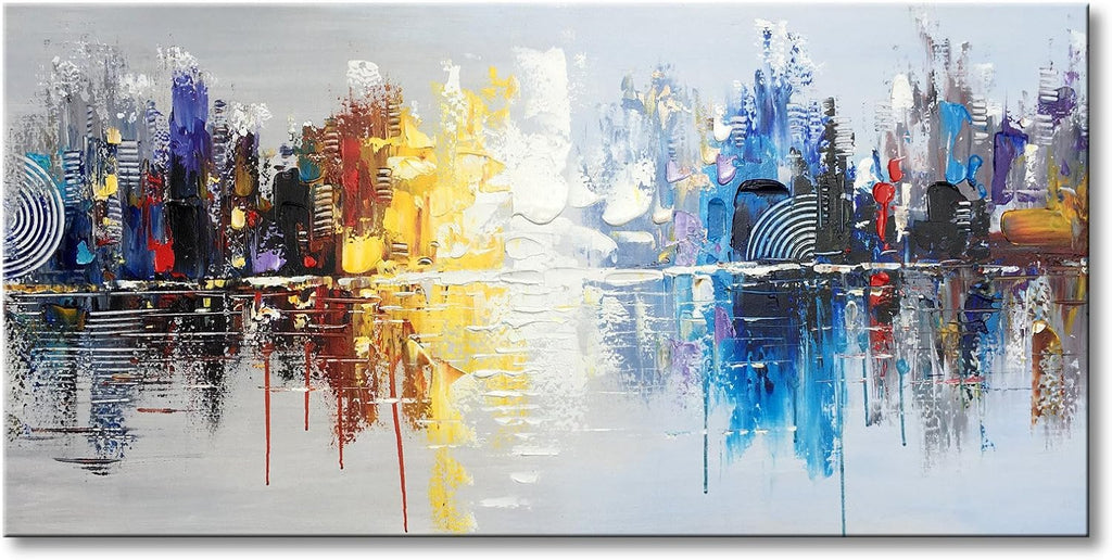 Hand-painted Textured City Oil Painting on Canvas Reflection Abstract Cityscape Wall Art for Decor
