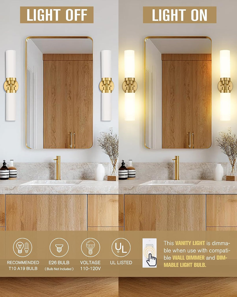 Modern 22 Inch Bathroom Light Fixtures Over Mirror, Brushed Gold Vanity Light Bar with Milk Glass Shade, 2-Light