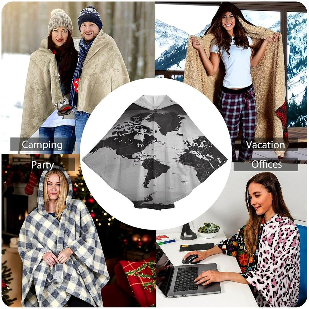 Black And White World Map Wearable Blanket Hoodie Flannel Hooded Blanket | Sweatshirt Oversized Cozy Sweater Gift
