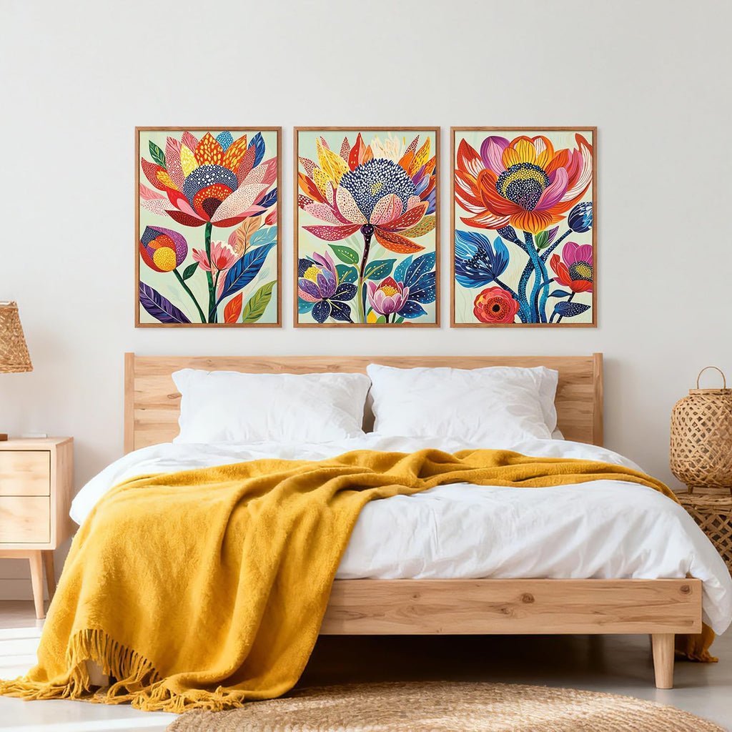Abstract Botanical Floral Framed Canvas Wall Art Set,(Set of 3,12X16 Inch) Colorful Dot Art Modern Flower Wall
