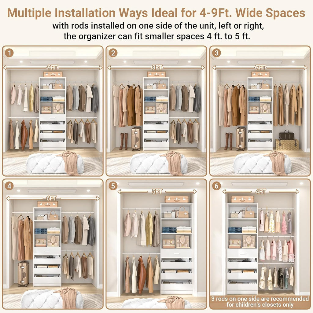 Closet System, 4-9Ft Closet Organizer with 4 Wooden Drawers, Wood Closet Organizer System with Tower, Walk-in Closet