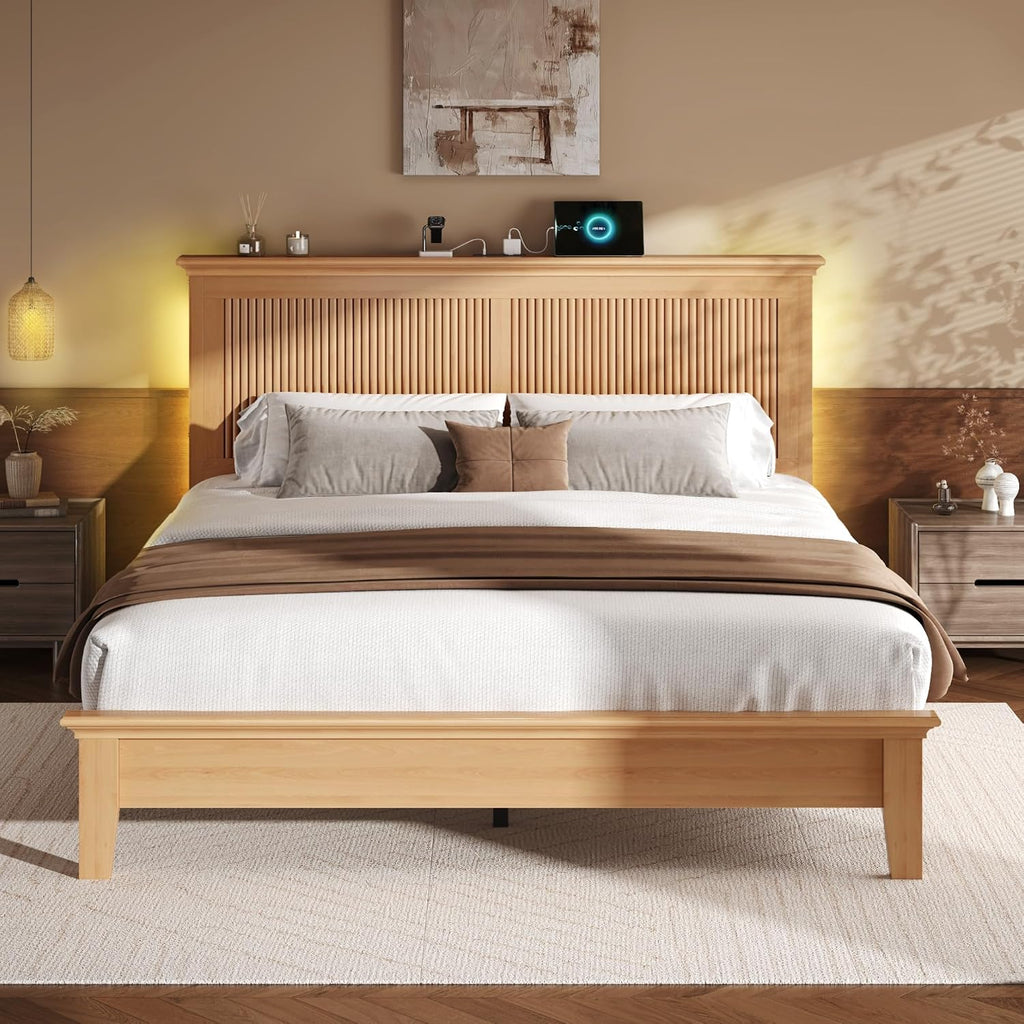 Wood Queen Bed, Solid Wood Bed with Tall Headboard, American Vintage Design, Queen Bed with Charging Station & RGB