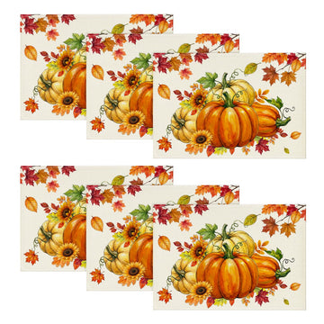 Pumpkins Maple Leaves Fall Placemats Set of 6, 12x18 Inch Seasonal Autumn Thanksgiving Table Mats for Party Kitchen