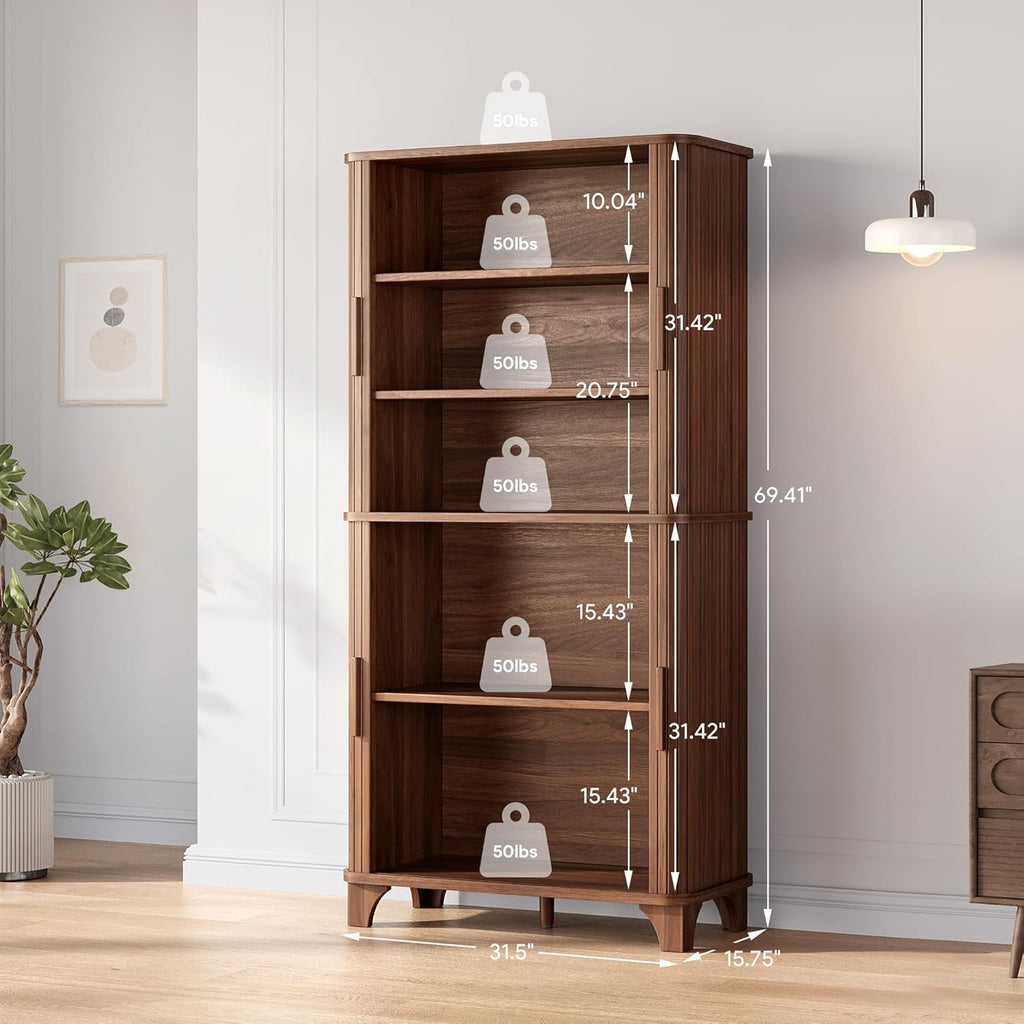 69" Tall Kitchen Pantry Storage Cabinet with Sliding Door, Modern Curved Edge Pantry Storage Cabinet with 5 Shelves
