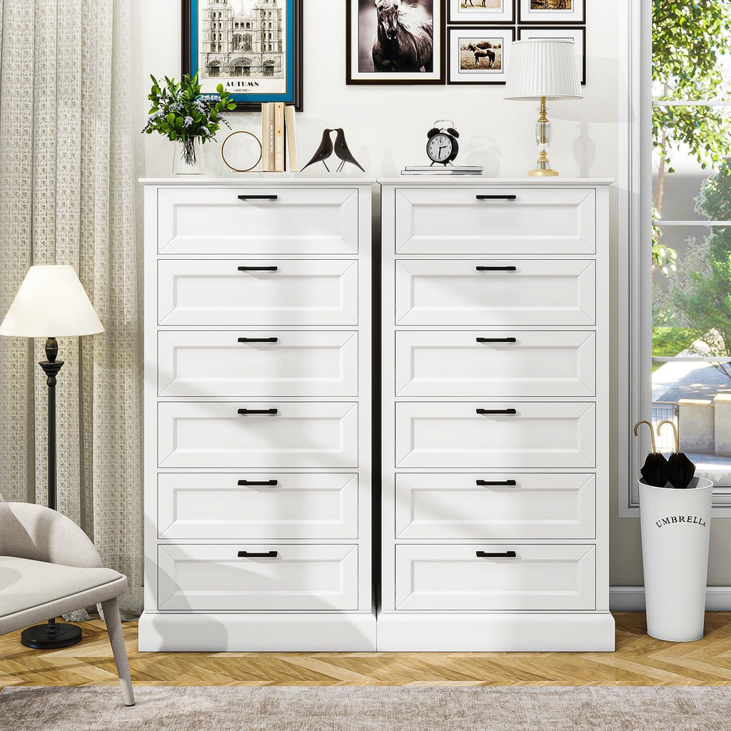 Tall White 6 Drawer Dresser, Wood Vertical Chest of Drawers , 55" H Modern Lingerie Dressers for Closet, Living Room