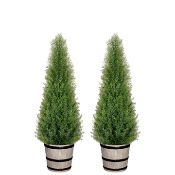 3FT Artificial Cedar Topiary Trees with Rustic Barrel Planter, Outdoor Indoor Realistic Faux Pine Shrubs Plants, Fake