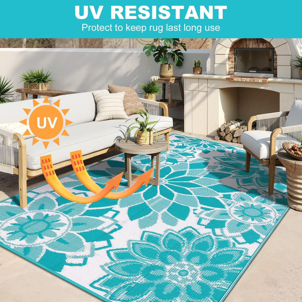 Outdoor Rug for Patio 9x12 ft Reversible Plastic Straw Patio Camping Rug, Floral Waterproof RV Mat f