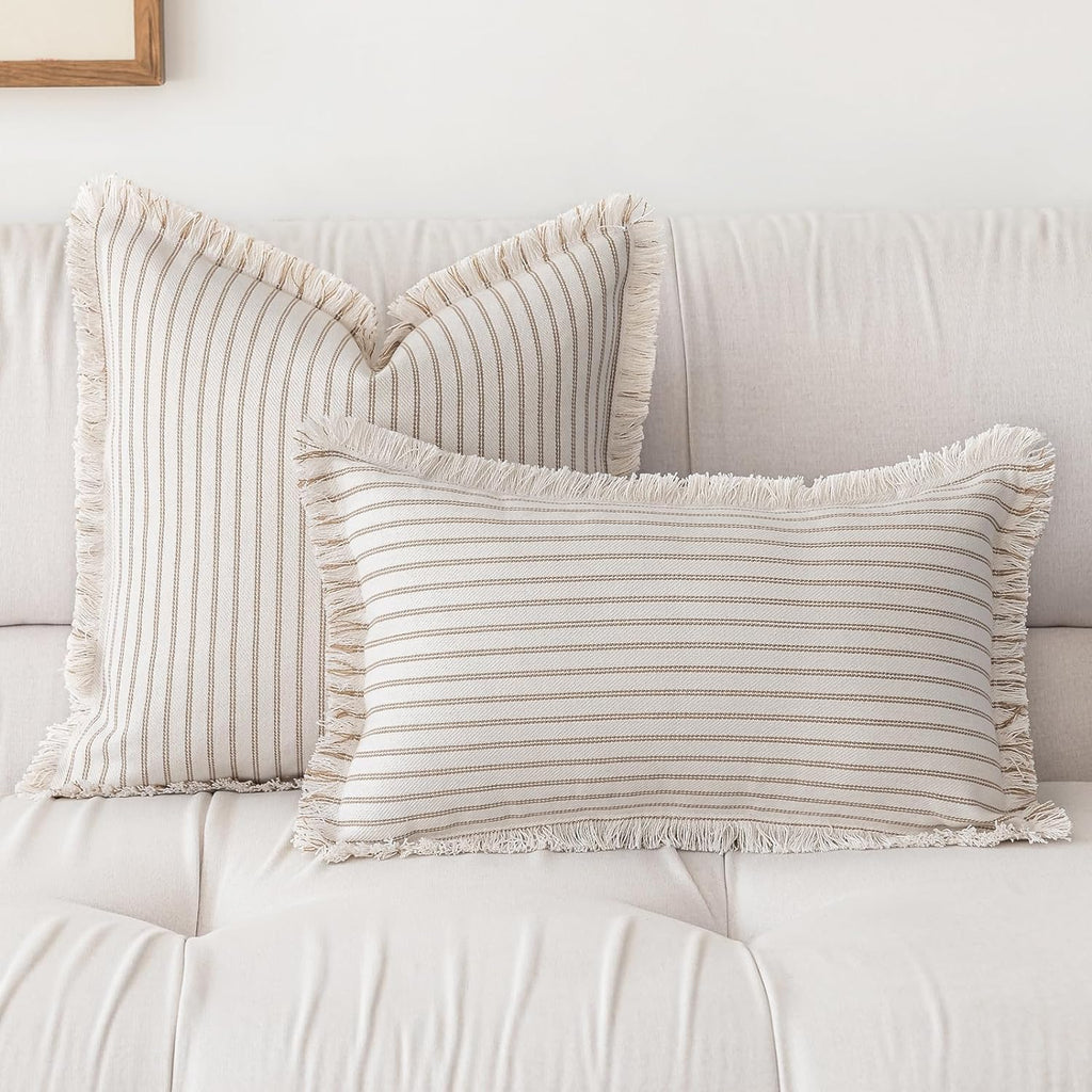 Throw Pillow Covers 18x18 Set of 2 Striped Fringe Pillow Cover Farmhouse Cushion Covers with Tassel Neutral Boho