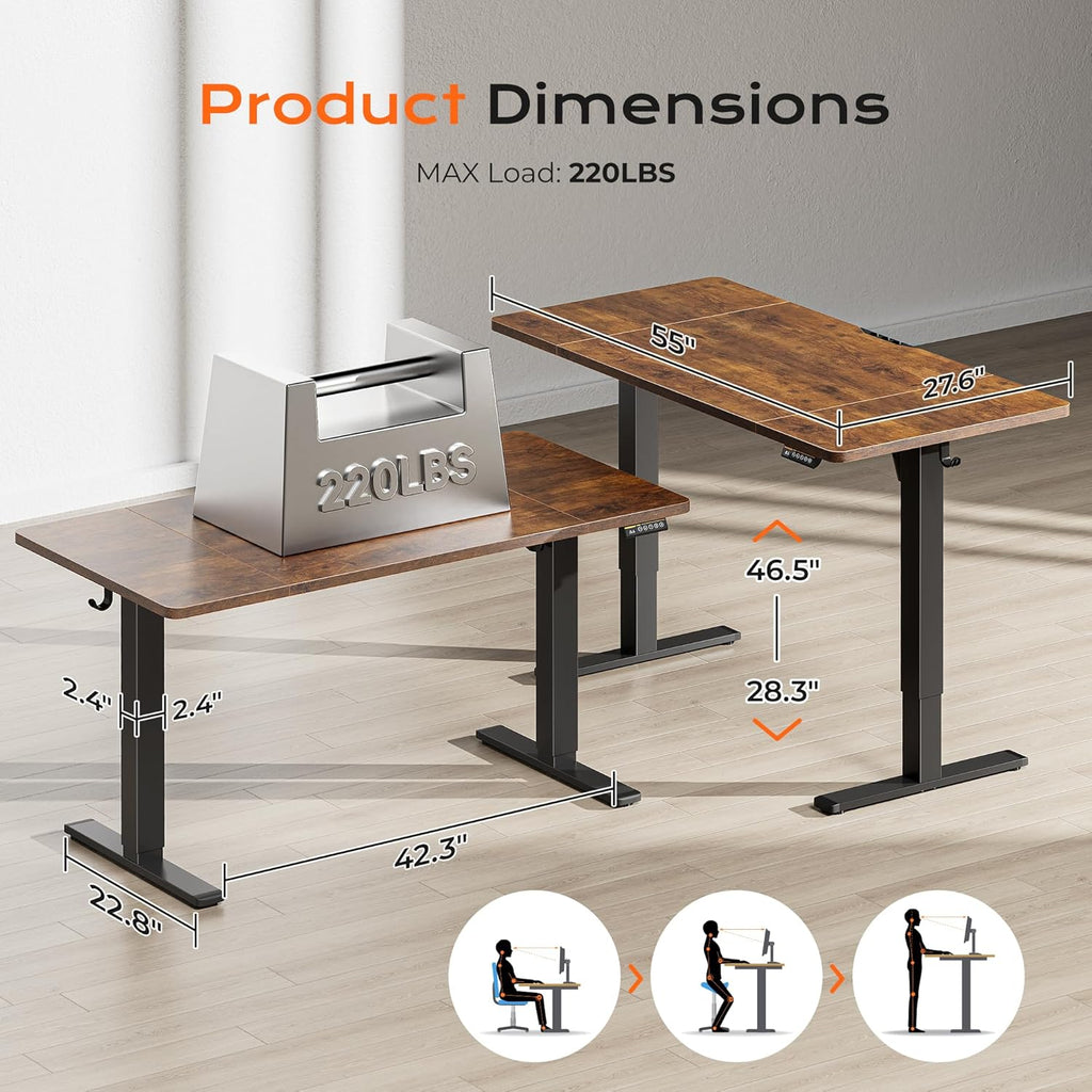 55 x 28 Large Electric Standing Desk, Height Adjustable Computer Desk, 27.6" Deep Desktop