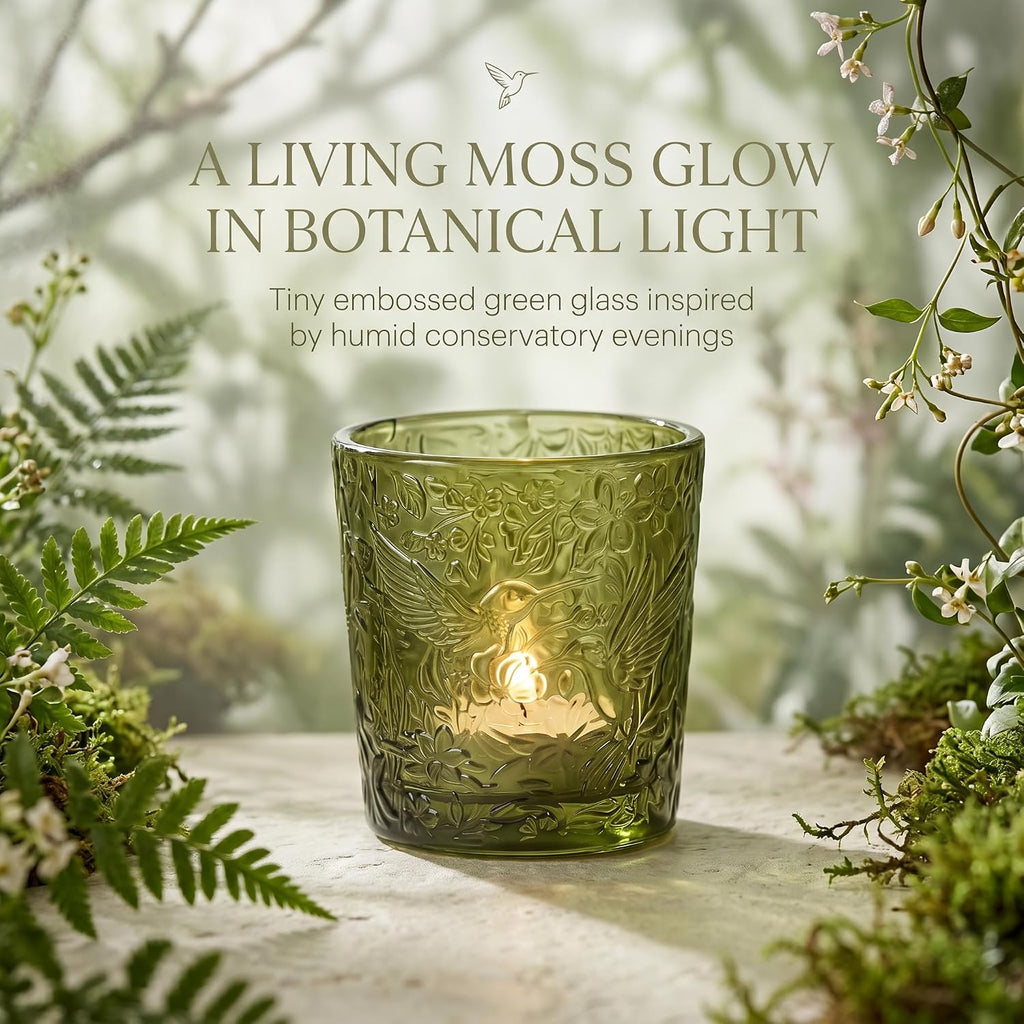 Moss Green Hummingbird Glass Tealight Holders, 12 Pack