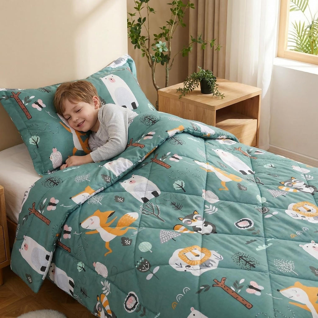 Green Forest Animals Kids Comforter Set, 2 Piece Woodland Printed Microfiber Bedding Set, Machine Washable