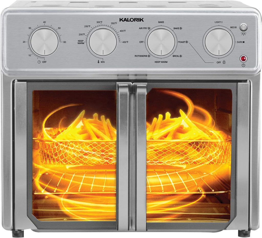 MAXX Air Fryer Oven, 26 Quart 9-in-1 Countertop Toaster Oven and Air Fryer Combo - Fry, Bake, Roast, Rotisserie, & More, Large Glass French Doors & 7 Accessories, 1700-Watts, Stainless Steel