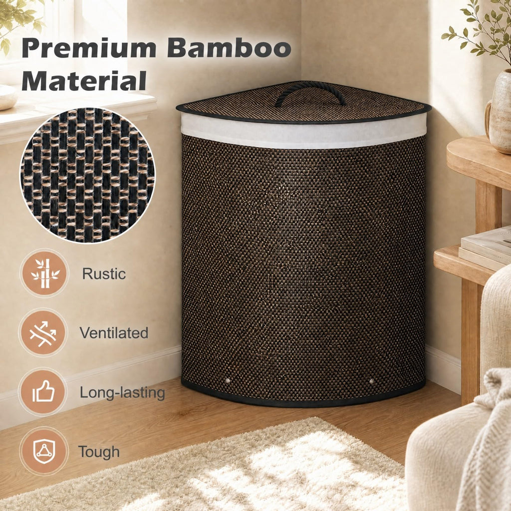 57 L Corner Bamboo Laundry Hamper with Lid, Removable Liner