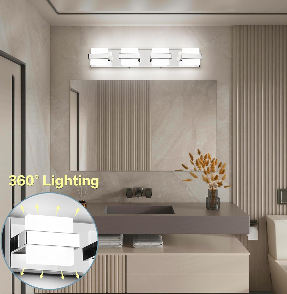 Modern Vanity Light Chrome, 32W Dimmable LED Bathroom Light Fixture Over Mirror, 2560LM Bright Minimalist Vanity