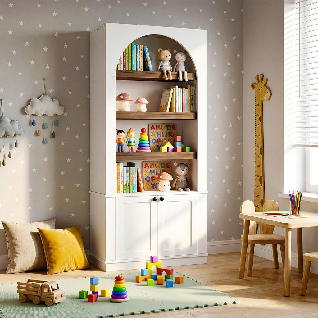 71'' Tall White Bookcase, 6-Tier Modern Arched Bookshelf with Doors