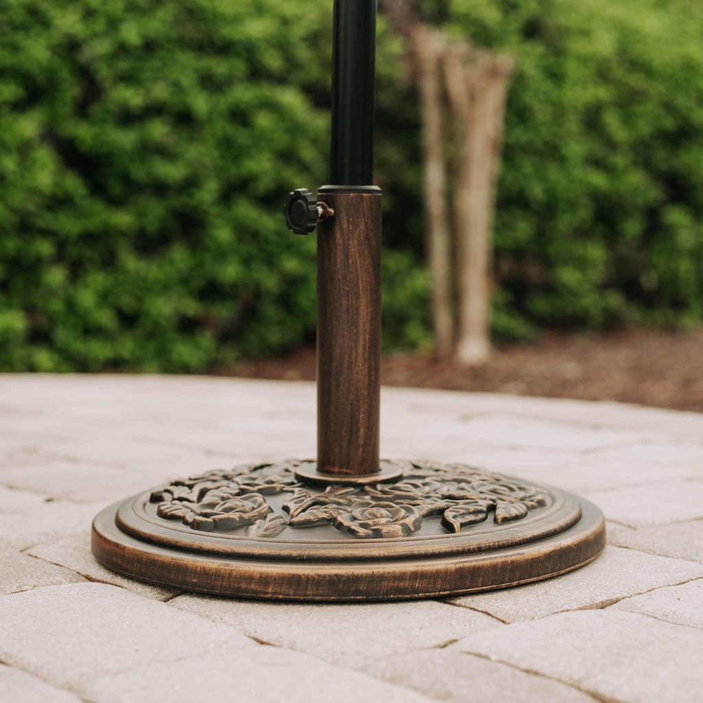 20 lb Patio Umbrella Base Stand, Decorative Rose Medallion Antique Bronze Finish, Fits 1.5-1.9 in Poles w/Adapters