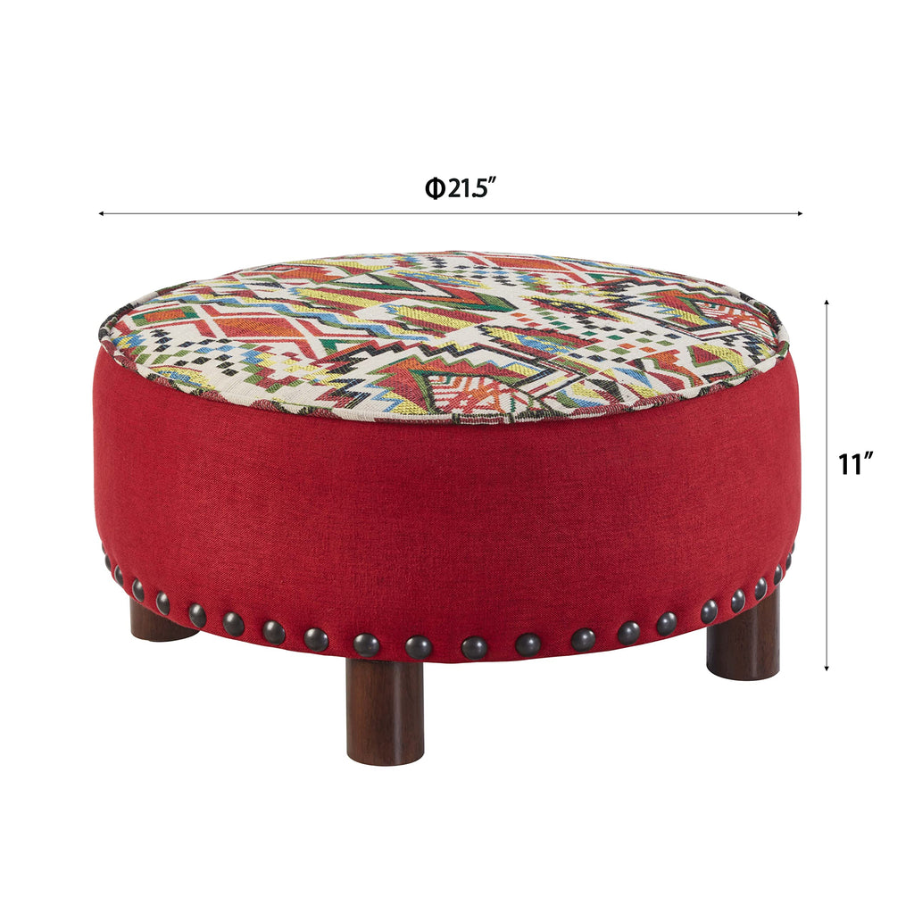 Upholstered Oversized Ottoman Modern Round Floor Seating, Dia 21.5" Geometric Red