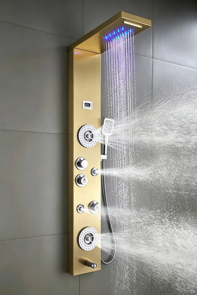 Stainless Steel Shower Panel Tower System, LED Rainfall Waterfall Shower Head 6-Function Faucet Rain Massage System